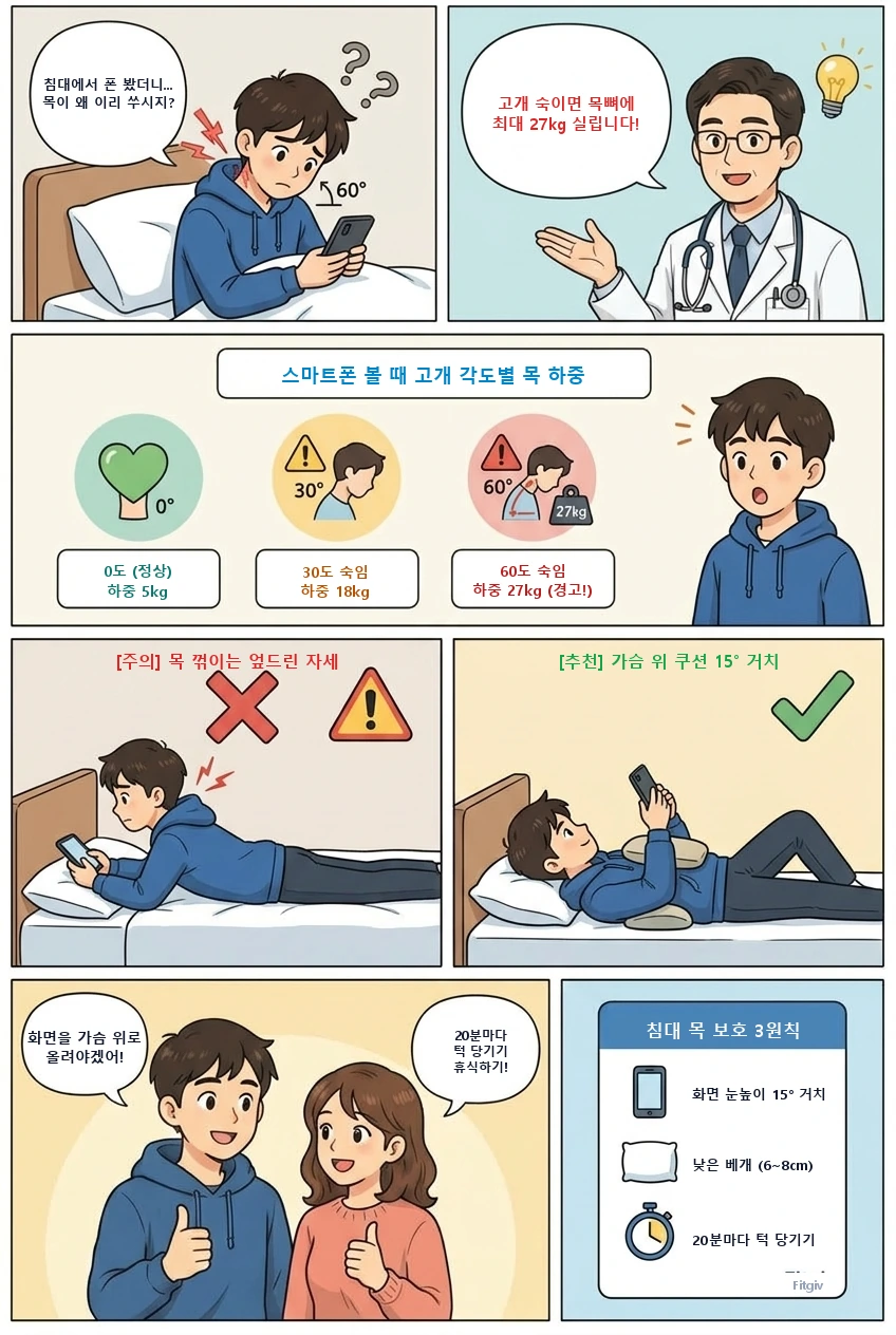 침대에서 스마트폰 볼 때 목 디스크를 막는 자세
